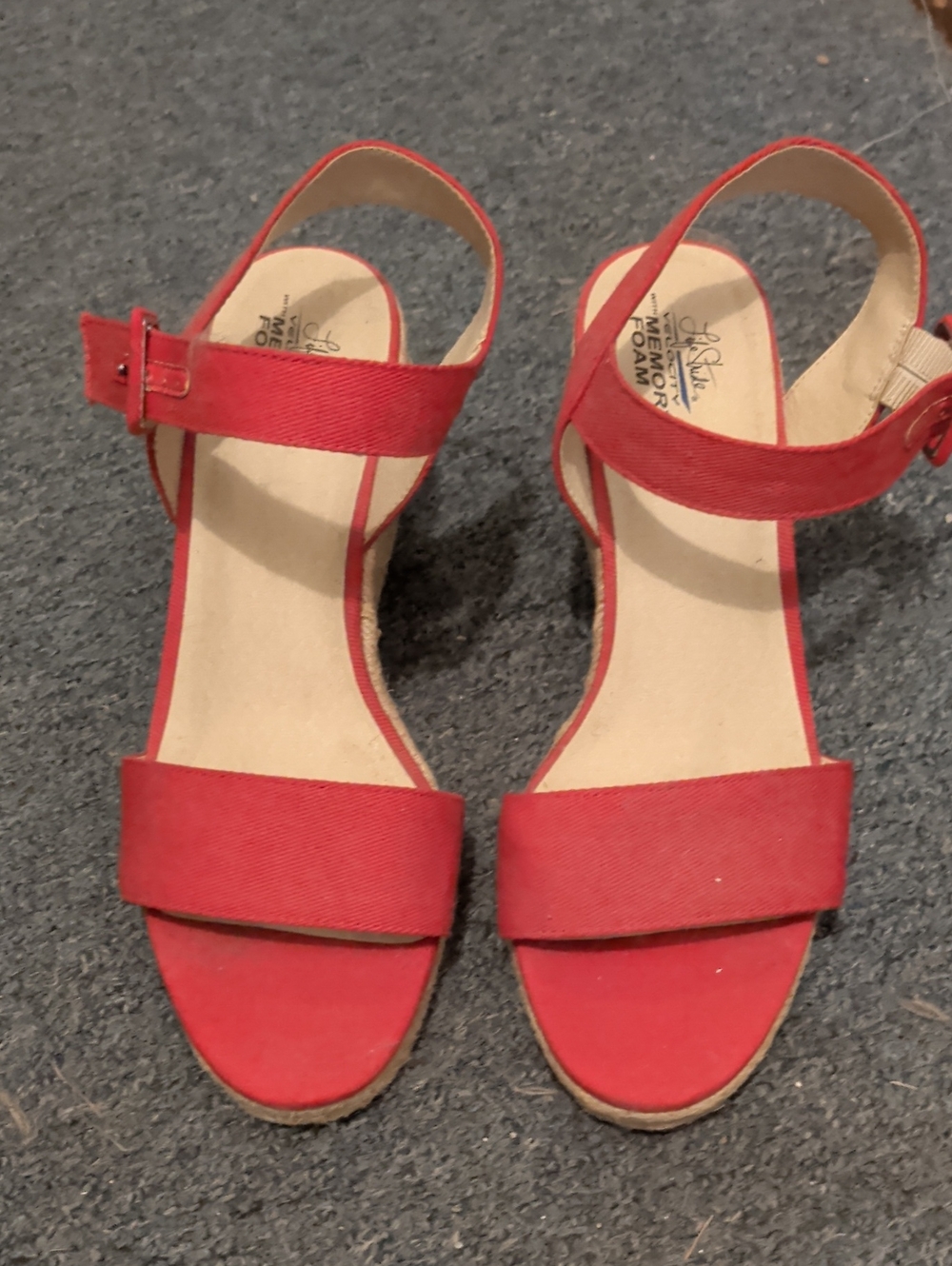 Life Stride Red Open-Toe Ankle-Strap Wedge Heels